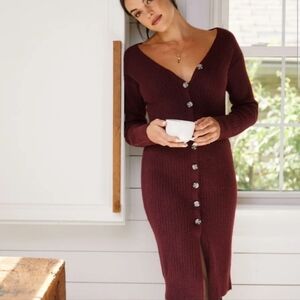 Able Elizabeth Midi Sweater Dress Cardigan Button Up Burgundy Red Small S